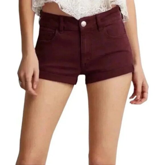 American Eagle Hi-Rise Shortie Jean Shorts Burgundy Super Stretch Size 8 - Picture 1 of 12